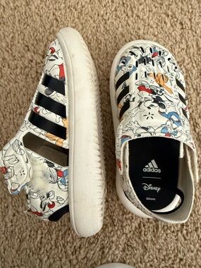 adidas Kids White Mickey Print Slip-On Sandals with Black Stripes